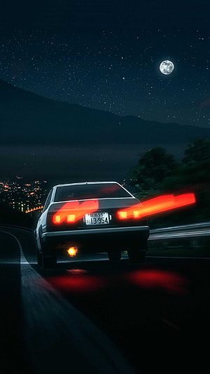 Initial D Toyota Sprinter Trueno AE86 Night Drive Under Starry Moonlit Sky HD phone wallpaper