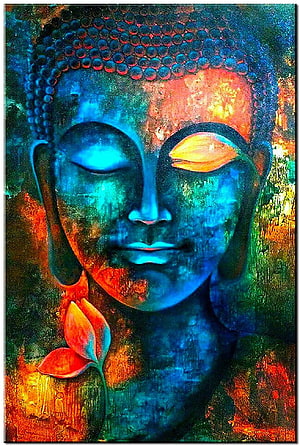 Vibrant Abstract Buddha Face Painting with Lotus Flower and Psychedelic Colors HD phone wallpaper