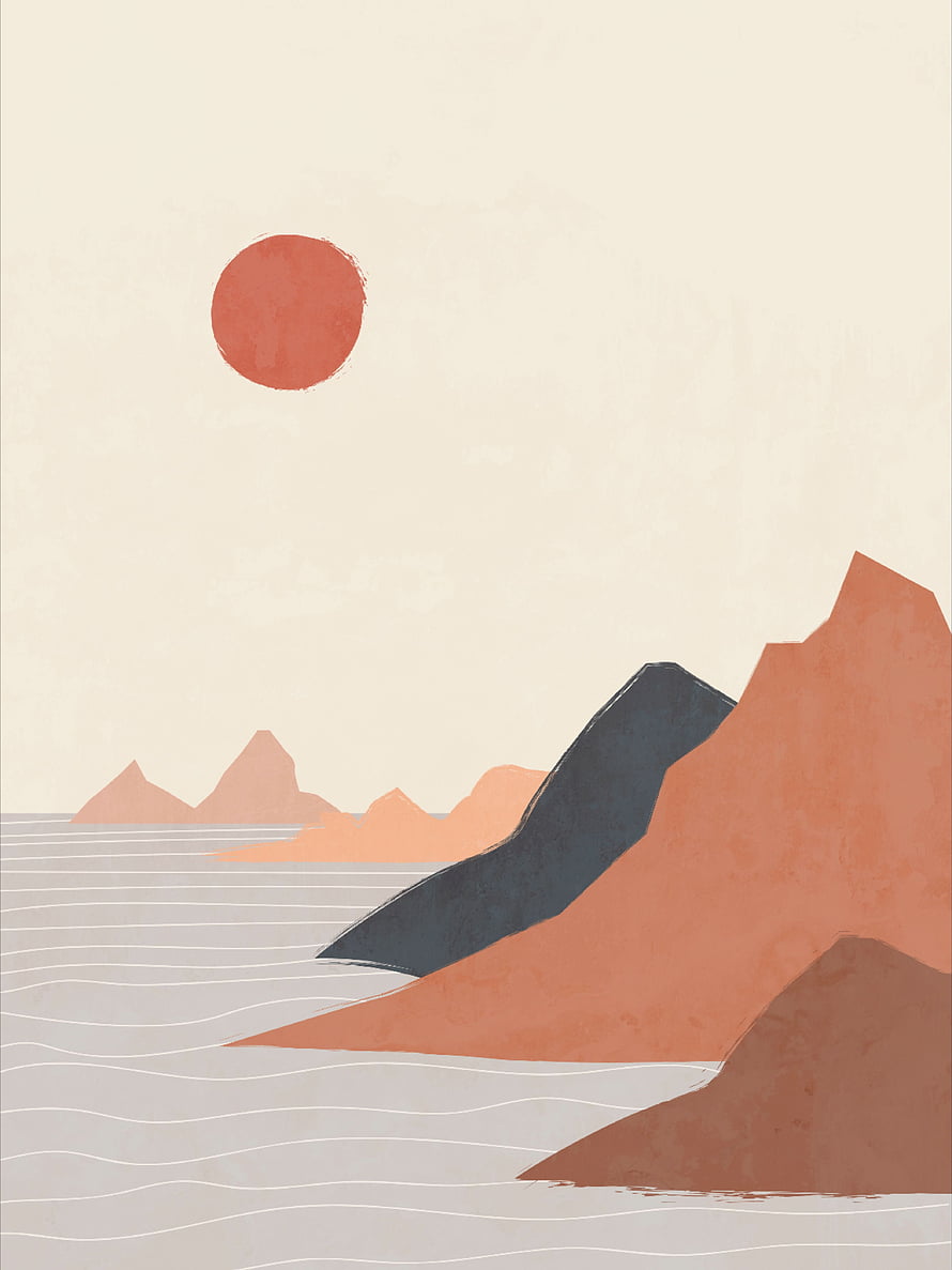 Minimalist Terracotta Coastal Landscape with Red Sun and Abstract Mountains HD phone wallpaper