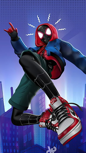 Miles Morales in Streetwear Hoodie and Nike Sneakers Leaping Over City Skyline HD phone wallpaper