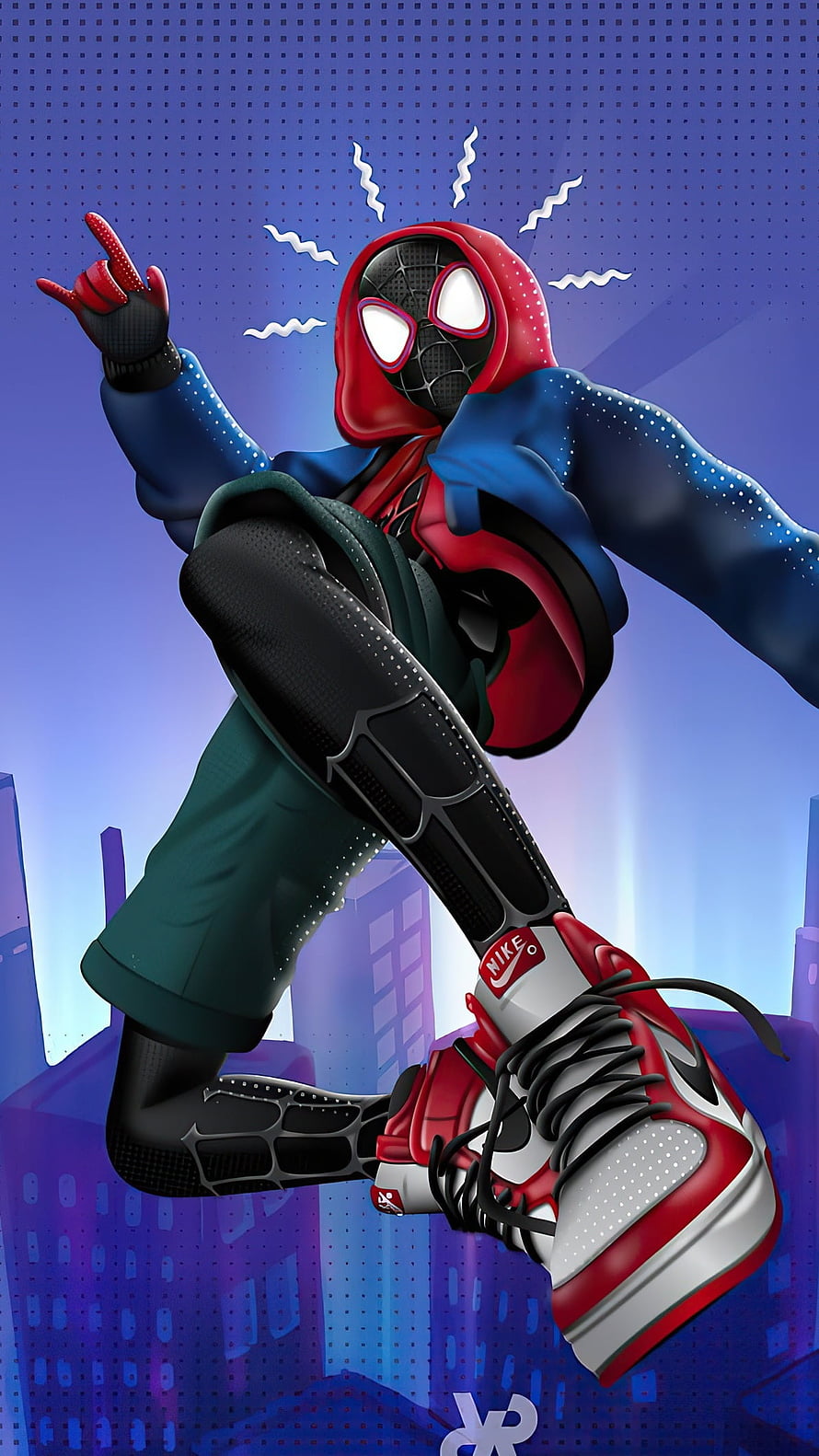 Miles Morales in Streetwear Hoodie and Nike Sneakers Leaping Over City Skyline HD phone wallpaper
