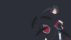Itachi Uchiha in Akatsuki Robe with Crows and Red Cloud Symbol HD wallpaper