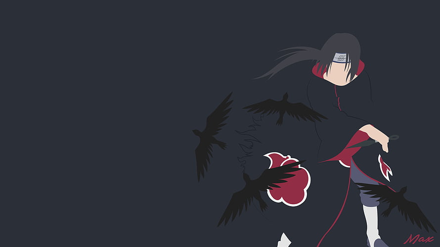 Itachi Uchiha in Akatsuki Robe with Crows and Red Cloud Symbol HD wallpaper