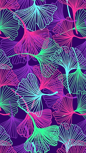 Neon Ginkgo Leaf Pattern with Vibrant Pink, Cyan, and Green Lines on Dark Purple Background HD phone wallpaper