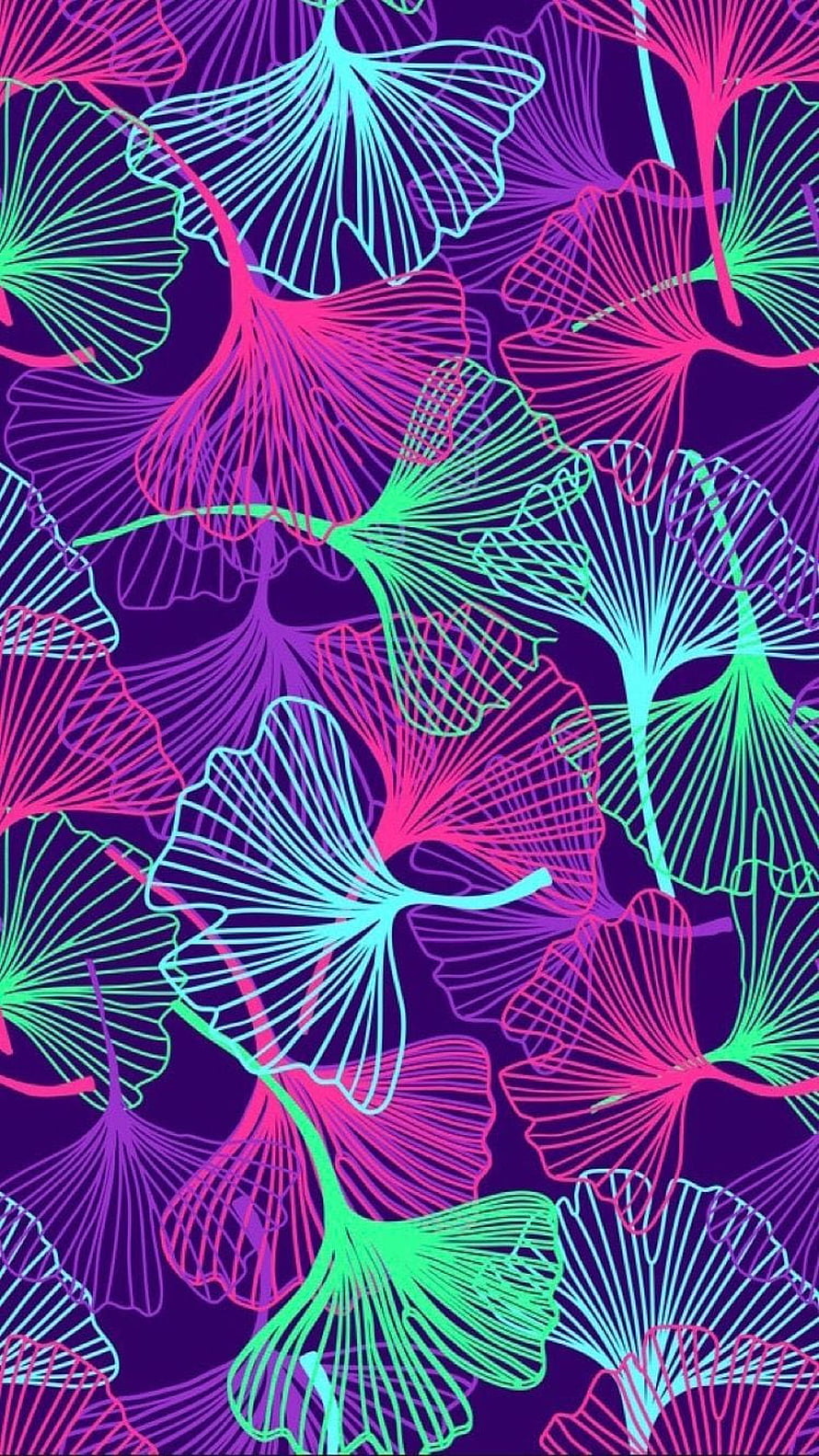 Neon Ginkgo Leaf Pattern with Vibrant Pink, Cyan, and Green Lines on Dark Purple Background HD phone wallpaper