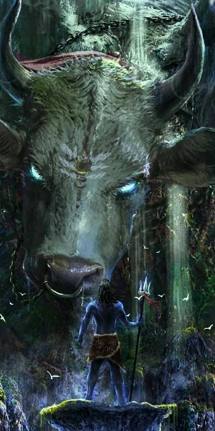 Lord Shiva Confronting Nandi Bull in Mystical Forest Fantasy Art HD phone wallpaper