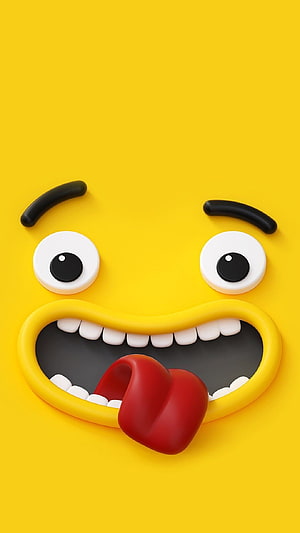 Playful 3D Emoji Face with Tongue Out on Vibrant Yellow Background HD phone wallpaper