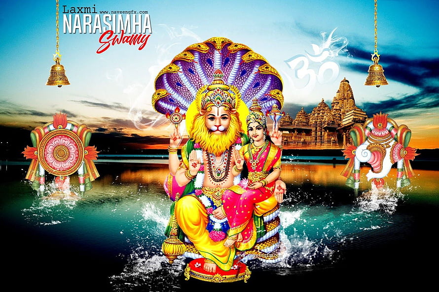 Lakshmi Narasimha Swamy Divine Hindu Deity Illustration with Temple and Water Splash HD wallpaper