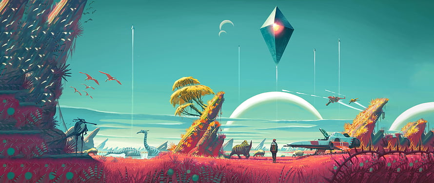 Vast Alien Landscape with Prehistoric Creatures and Futuristic Vehicles HD wallpaper