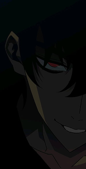 Dark Anime Villain Close-Up Portrait With Red Eyes And Smirk HD phone wallpaper