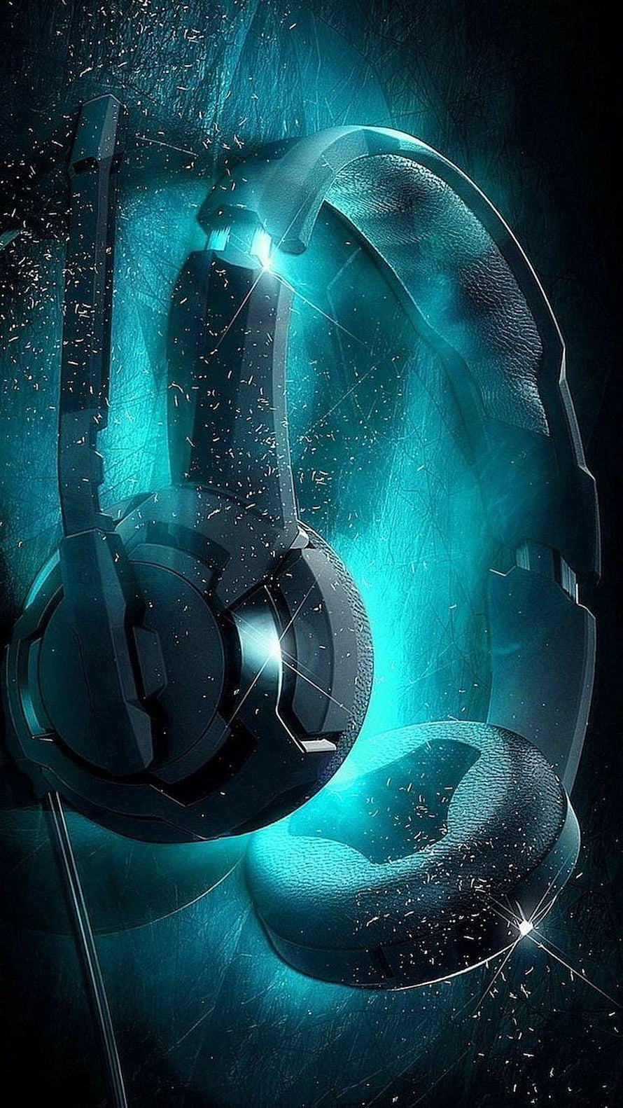 Futuristic Gaming Headphones with Cyan Neon Glow and Sparkling Particle Effects HD phone wallpaper