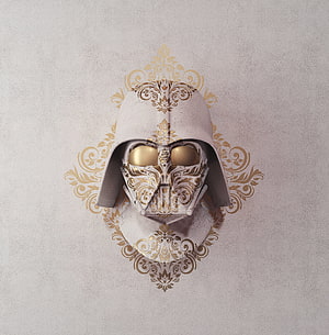 Darth Vader Helmet with Ornate Gold Filigree and Baroque Floral Patterns on Textured White Background HD phone wallpaper