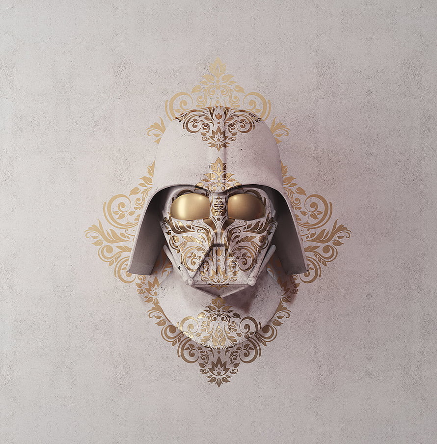 Darth Vader Helmet with Ornate Gold Filigree and Baroque Floral Patterns on Textured White Background HD phone wallpaper