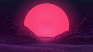 Retro Synthwave Landscape With Glowing Pink Sun And Wireframe Purple Mountains HD wallpaper