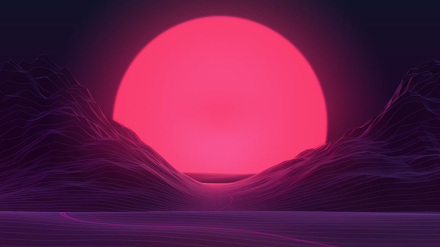 Retro Synthwave Landscape With Glowing Pink Sun And Wireframe Purple Mountains HD wallpaper
