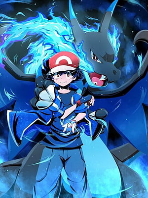 Mega Charizard X and Ash Ketchum Anime Illustration with Blue Flame Aura HD phone wallpaper