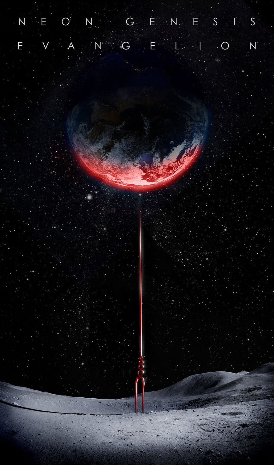 Neon Genesis Evangelion Lunar Surface with Earth and Red Beam in Deep Space HD phone wallpaper