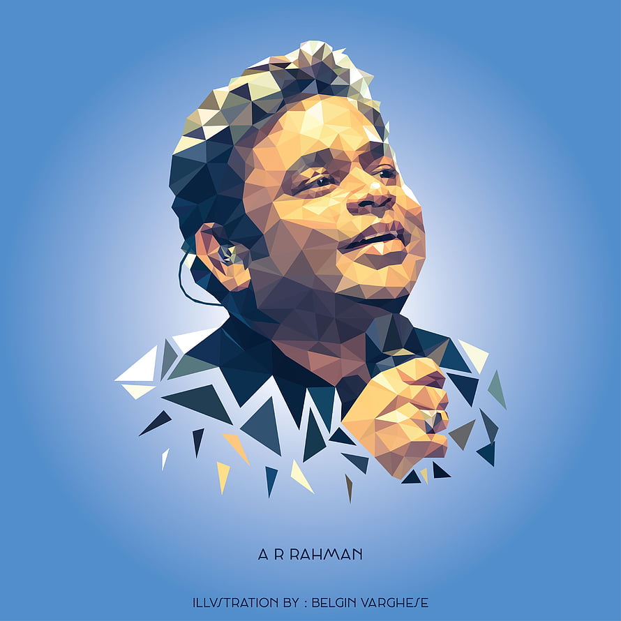 A R Rahman Low Poly Geometric Portrait Illustration on Blue Background HD phone wallpaper