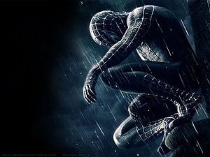 Spider-Man Crouching in the Rain with a Dark and Melancholic Atmosphere HD wallpaper