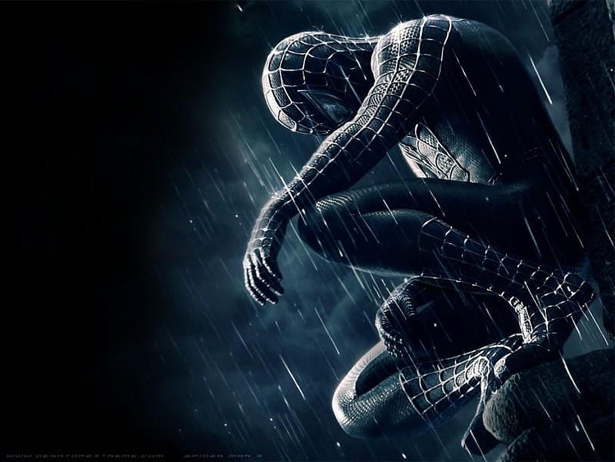 Spider-Man Crouching in the Rain with a Dark and Melancholic Atmosphere HD wallpaper