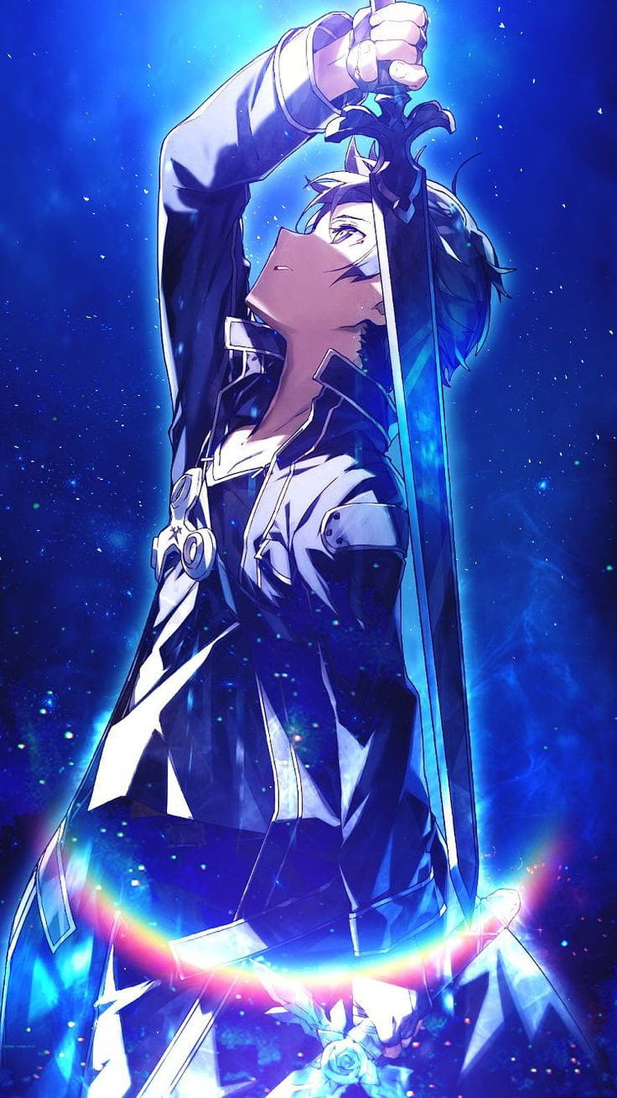 Kirito from Sword Art Online Raising a Glowing Blue Sword Against a Starry Night Sky HD phone wallpaper