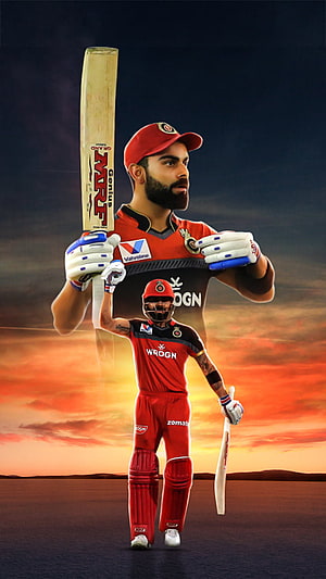 Virat Kohli in Royal Challengers Bengaluru Kit Holding Cricket Bat at Sunset HD phone wallpaper