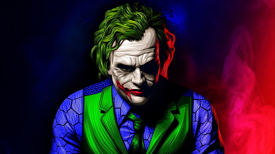 The Joker in Green Suit and Blue Shirt with Dramatic Red and Blue Lighting HD wallpaper