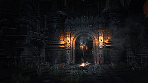 Dark Souls III Castle Interior at Night with Torchlight and Gothic Architecture HD wallpaper