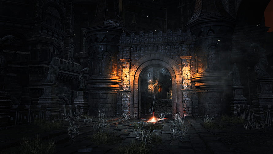 Dark Souls III Castle Interior at Night with Torchlight and Gothic Architecture HD wallpaper