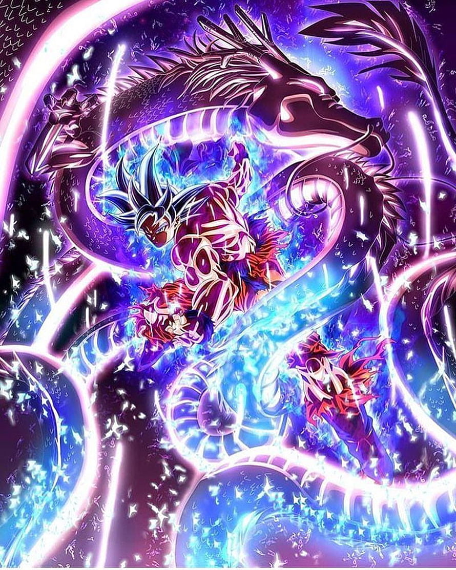 Goku and Dragon Ball Z Anime Artwork with Purple Dragon and Energy Aura HD phone wallpaper