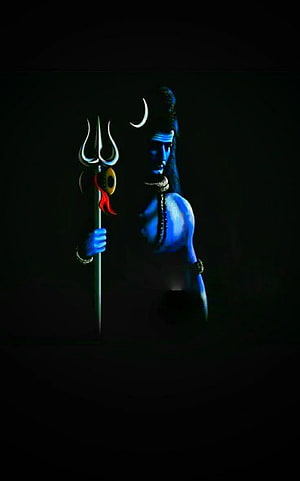Lord Shiva with Trishul and Crescent Moon in Dark Blue Illumination HD phone wallpaper