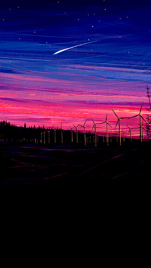 Wind Turbines Silhouetted Against a Vibrant Pink and Blue Night Sky with Stars HD phone wallpaper