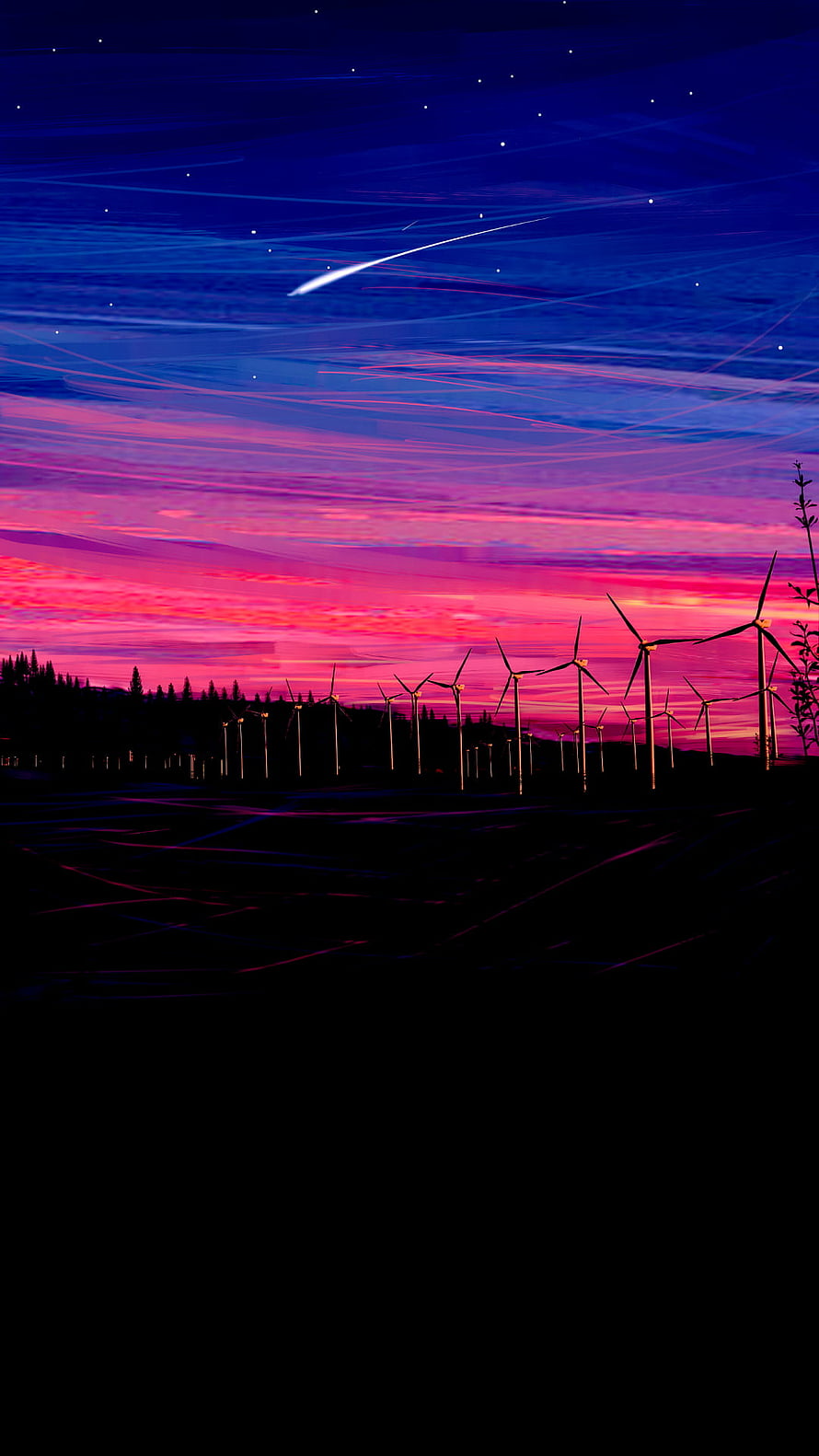 Wind Turbines Silhouetted Against a Vibrant Pink and Blue Night Sky with Stars HD phone wallpaper