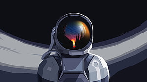Minimalist Astronaut Helmet Reflection of Forest Sunset Digital Illustration HD wallpaper