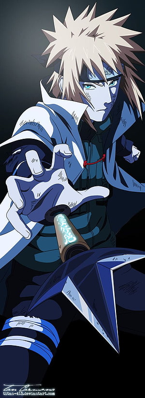 Minato Namikaze Anime Character Artwork with Kunai and Blue Chakra HD phone wallpaper