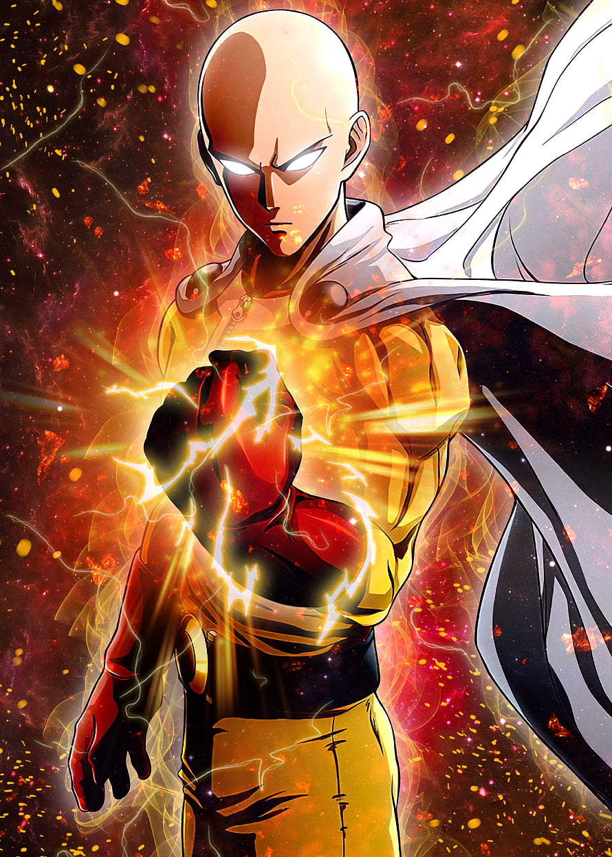 Saitama from One Punch Man channeling golden energy in a cosmic setting HD phone wallpaper