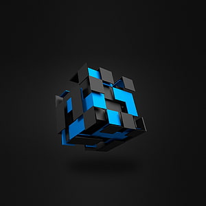 Abstract 3D Geometric Cube with Black and Blue Blocks on Dark Background HD phone wallpaper