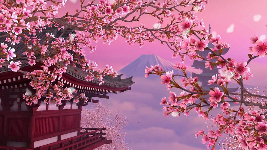 Traditional Japanese Temple Framed by Pink Cherry Blossoms with Mount Fuji in the Distance HD wallpaper