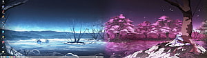 Dual Monitor Anime Wallpaper Featuring Cherry Blossoms and Night Lake Scene HD wallpaper