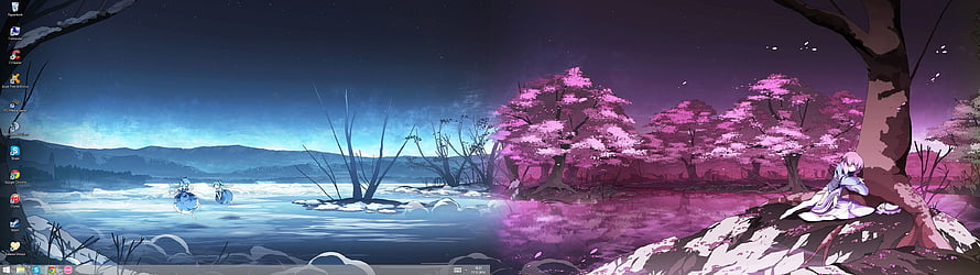 Dual Monitor Anime Wallpaper Featuring Cherry Blossoms and Night Lake Scene HD wallpaper