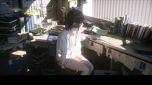 Anime girl with headphones sitting in a sunlit cluttered studio workspace HD wallpaper