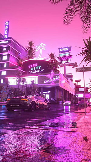 GTA Vice City Victoria Hotel Neon Night Scene with Sports Car and Palm Trees HD phone wallpaper