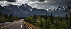 Winding Mountain Road Through Evergreen Forest Under Dramatic Stormy Skies HD wallpaper