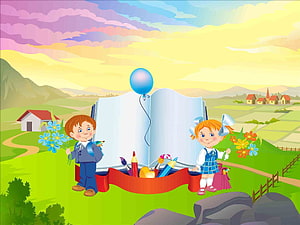 Cheerful Cartoon Children with Giant Open Book and School Supplies in Pastoral Landscape HD wallpaper