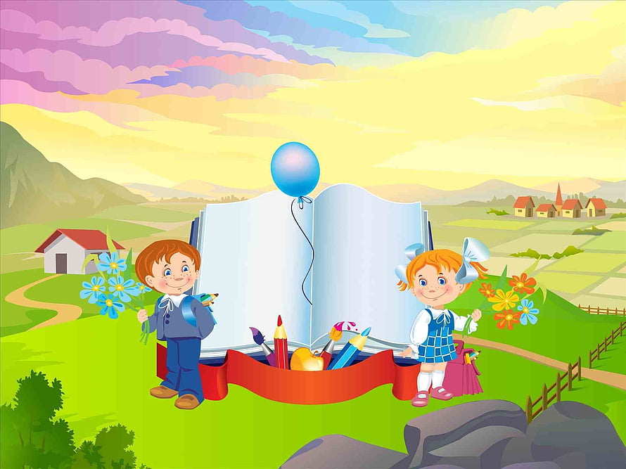 Cheerful Cartoon Children with Giant Open Book and School Supplies in Pastoral Landscape HD wallpaper
