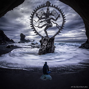 Nataraja Lord Shiva Cosmic Dancer Sculpture on Dramatic Ocean Coastline HD phone wallpaper
