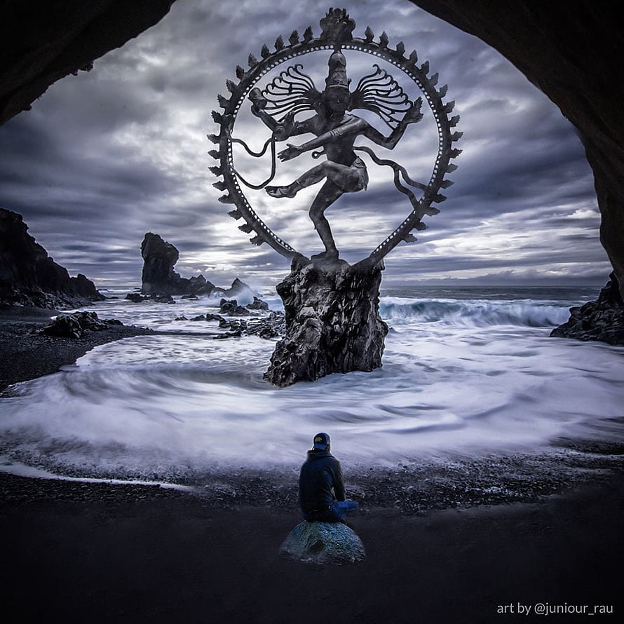 Nataraja Lord Shiva Cosmic Dancer Sculpture on Dramatic Ocean Coastline HD phone wallpaper