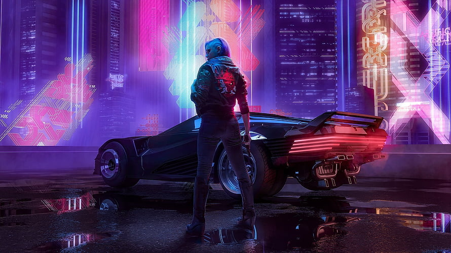 Cyberpunk 2077 Woman Standing Beside Futuristic Sports Car in Neon City HD wallpaper