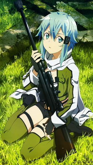 Sinon from Sword Art Online 2 Kneeling in Grass with Sniper Rifle HD phone wallpaper