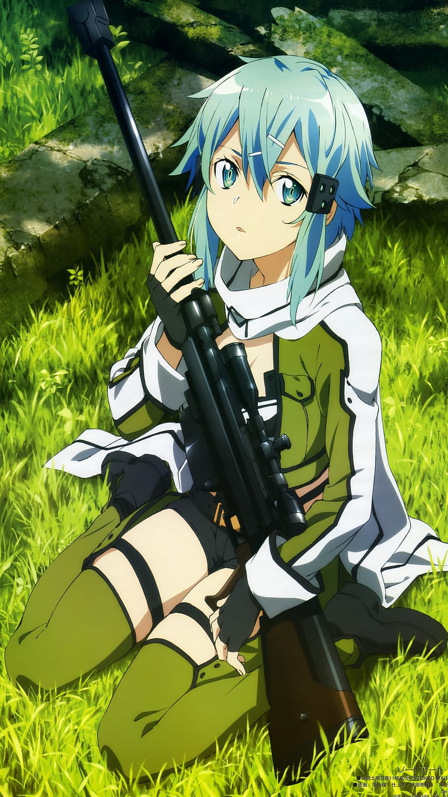 Sinon from Sword Art Online 2 Kneeling in Grass with Sniper Rifle HD phone wallpaper